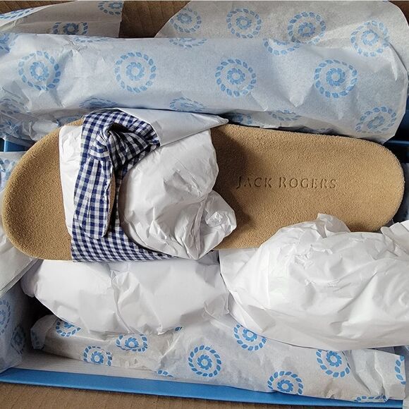 Jack Rogers Dorothy Bow Comfort Slide in Blue and White Gingham - Picture 2 of 7